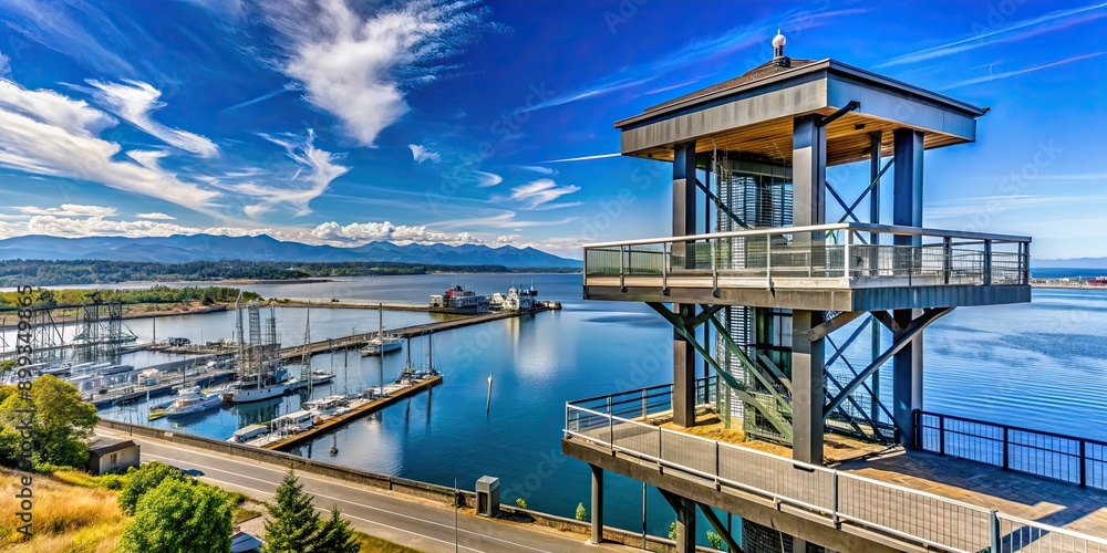Fototapeta premium An observation tower offering a panoramic view of the Port Angeles harbor, observation, tower