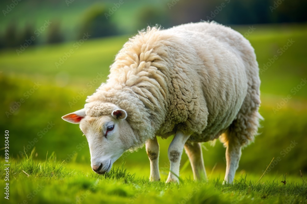 Obraz premium Serene rural scene featuring a fluffy white sheep grazing in a lush green field, its head bent down, peacefully munching on fresh grass blades.