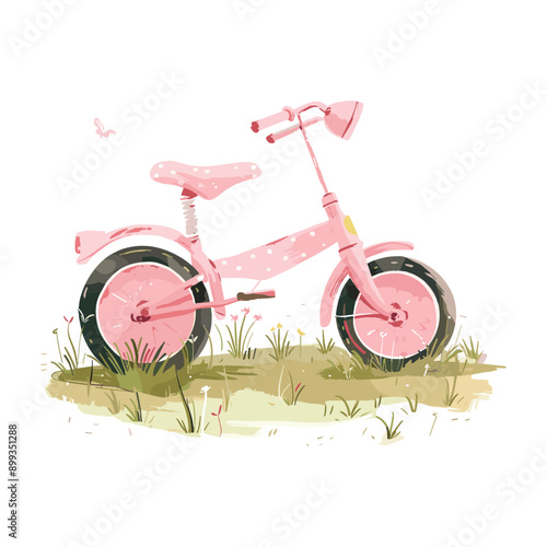 Pink bicycle with white polka dots, watercolor illustration.  Perfect for kids room decor, bike enthusiast, or cycling themed design.