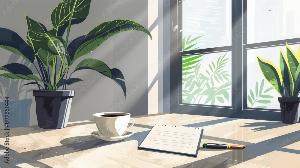 Coffee, Plants, and Sunlight: A Minimalist Workspace Coffee, Plants, and Sunlight: A Minimalist Workspace