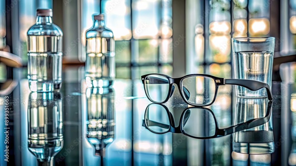 Glasses resting on a glass table with water bottles in the background, glasses, glass table, water bottles Glasses resting on a glass table with water bottles in the background, glasses, glass table, water bottles