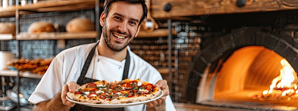 The cook holds pizza in his hands. Selective focus. The cook holds pizza in his hands. Selective focus.