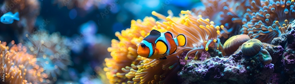 Clownfish Hiding Among Vibrant Anemones in a Thriving Coral Reef Underwater Scene Clownfish Hiding Among Vibrant Anemones in a Thriving Coral Reef Underwater Scene
