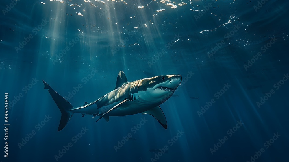 Fototapeta premium Majestic Great White Shark Powerfully Swimming through the Oceanic Depths