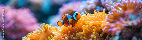 Clownfish Hiding Among Vibrant Anemones in a Thriving Coral Reef Marine Ecosystem © Thares2020