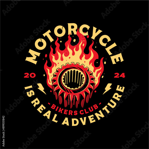 T-Shirt design motorcycle bikers club is real adventure vintage vector illustration
