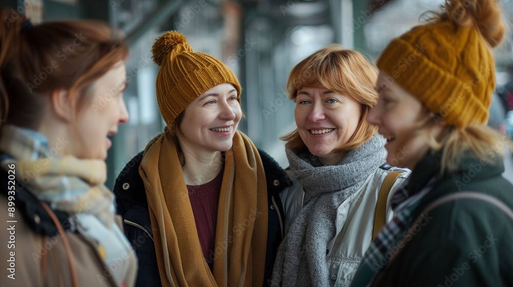 A confident, smiling Group of cheerful 40-year-old Russian women talking, indoor setting, cool tones A confident, smiling Group of cheerful 40-year-old Russian women talking, indoor setting, cool tones