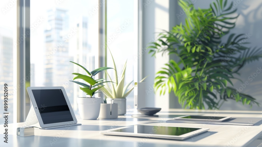 Modern Minimalist Office Desk with Plants and City View Modern Minimalist Office Desk with Plants and City View