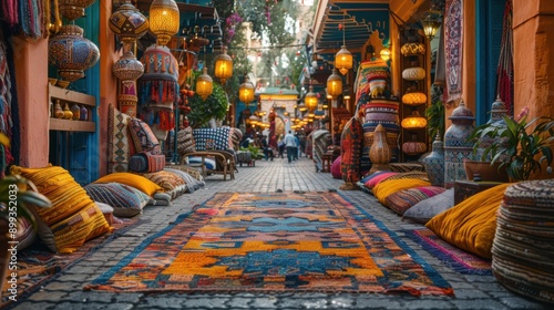 Bustling Marrakech Street Market - Vibrant Textiles, Spice Stall, Exotic Lanterns, Travel Photography with Sony A7R III 35mm Lens photo