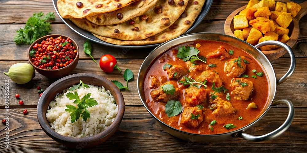 Indian curry served with naan bread and sides, Indian food, curry, naan, bread, cuisine, traditional, delicious, spicy Indian curry served with naan bread and sides, Indian food, curry, naan, bread, cuisine, traditional, delicious, spicy
