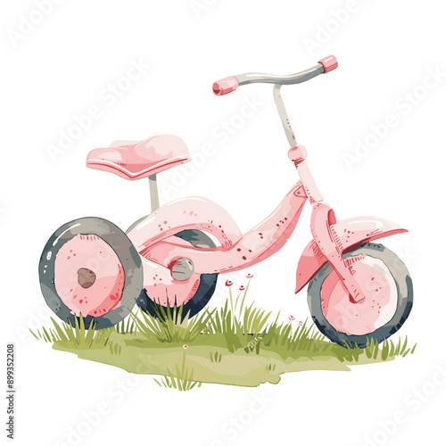 Pink tricycle on grass with white background watercolor illustration.