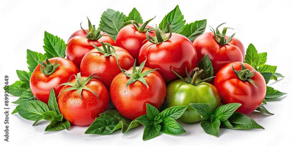 Tomatoes embedded in vibrant green leaves, isolated collection for labels, prints, banners, tomato, leaves, fresh Tomatoes embedded in vibrant green leaves, isolated collection for labels, prints, banners, tomato, leaves, fresh