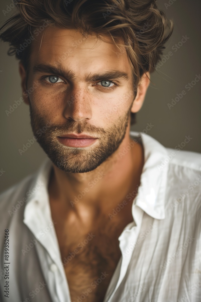 A rugged young man in an unbuttoned white shirt poses indoors with a captivating expression A rugged young man in an unbuttoned white shirt poses indoors with a captivating expression