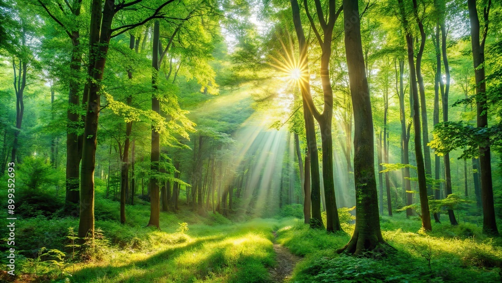 Naklejka premium Sunlight filtering through lush green trees in a vibrant forest setting, Sun rays, forest, trees, nature, sunlight