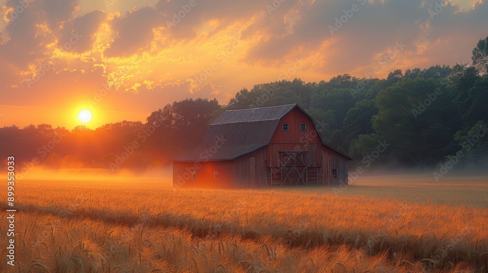 Serene Sunrise at Rustic Barn in Golden Wheat Field - Rural Landscape Photography Serene Sunrise at Rustic Barn in Golden Wheat Field - Rural Landscape Photography