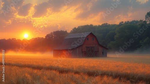 Serene Sunrise at Rustic Barn in Golden Wheat Field - Rural Landscape Photography © ChalatBoonwan
