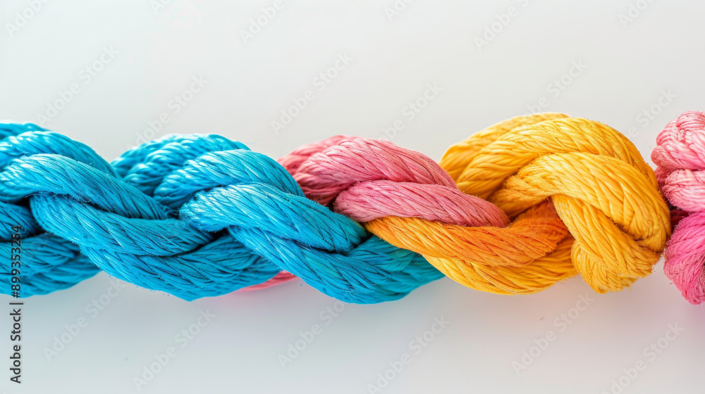 Colored ropes twisted together on a white surface represent unity. There's also space for adding text. Colored ropes twisted together on a white surface represent unity. There's also space for adding text.