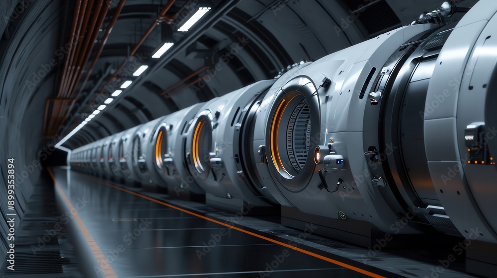 Fototapeta premium A tunnel with robotic maintenance systems actively working