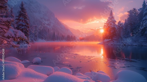 Tranquil Winter Scene with Frozen Lake at Sunset - Serene Landscape Photography with Snowy Evergreen Trees, Nikon D810 14-24mm Lens photo