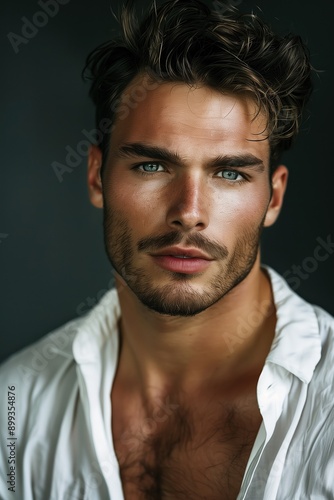 A rugged young man with confident expressions poses against dark background in casual clothing