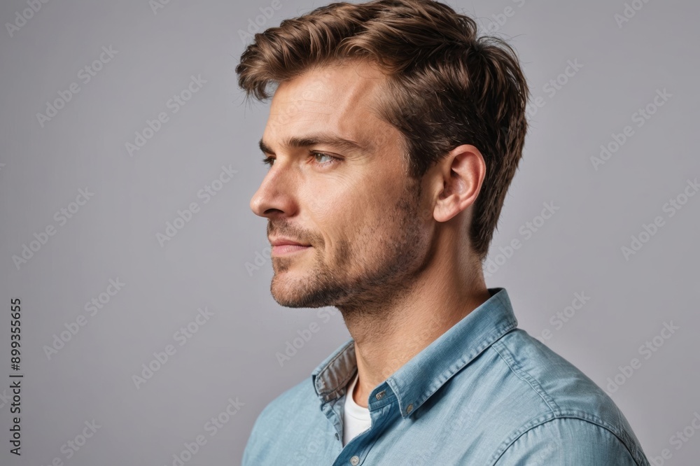 Close-up profile side view portrait of his he nice attractive content successful masculine cheerful cheery guy partner expert folded arms isolated over gray light pastel color background Close-up profile side view portrait of his he nice attractive content successful masculine cheerful cheery guy partner expert folded arms isolated over gray light pastel color background
