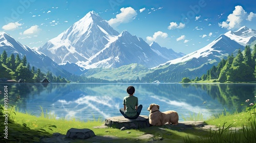 A boy and his dog sitting on the edge 