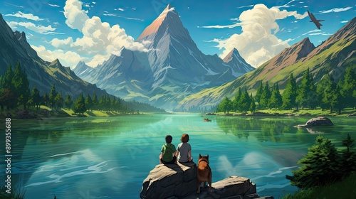 A couple and their dog sitting on the edge of an emerald green lake