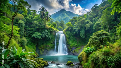 Fototapeta Naklejka Na Ścianę i Meble -  Waterfall flowing in lush jungle setting with a view of distant mountains, waterfall, jungle, mountains, nature, scenic
