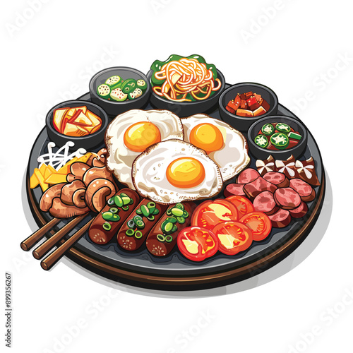 A delicious and colorful meal with fried eggs, sausage, vegetables, and mushrooms, served on a black plate.
