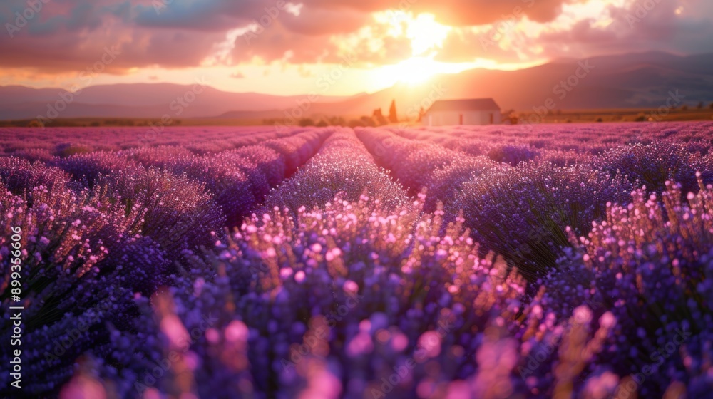 Fototapeta premium Tranquil Lavender Field at Sunset: Serenity and Aromatherapy in Golden Light