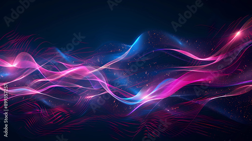 Neon futuristic flashes on black background. Motion light lines backdrop. For banner, postcard, illustration.