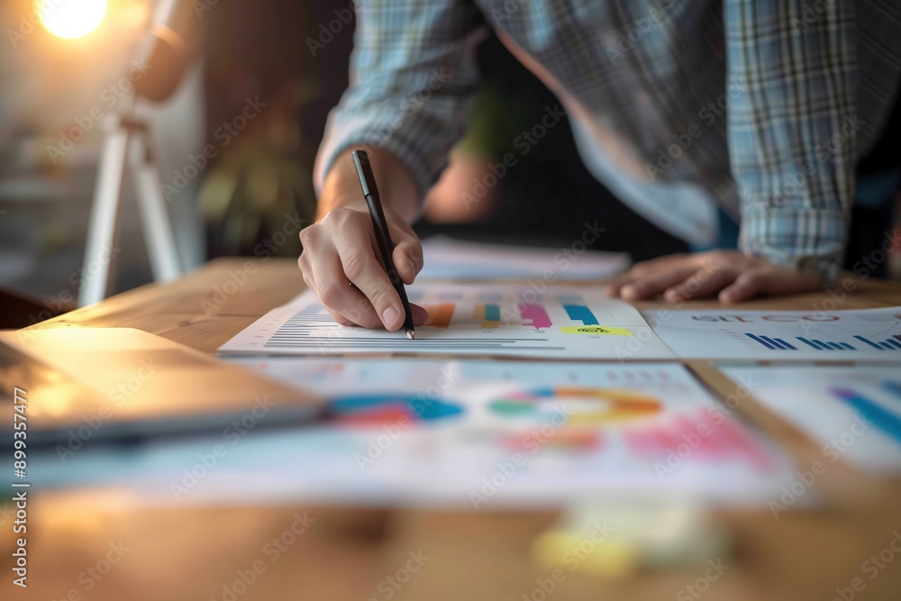 Content Marketing: Graphic designer creating visually compelling infographics for a dynamic campaign. Professional artfully combining data, icons, and typography to craft engaging visual content.
