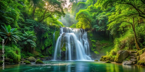 Waterfall cascading through lush green forest setting, waterfall, forest, nature, stream, trees, foliage, tranquil, serene