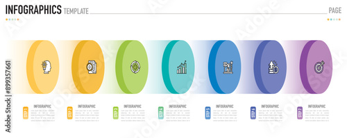 Circular isometric infographic template or element with 7 step, process, option, colorful 3D circle, tag, button, label, icons, row, bar, funnel, fishbone, tree diagram for sale slide, web, flowchart