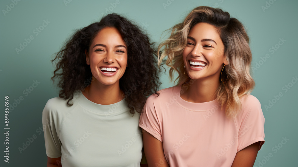 Funny best friends laughing cheerfully while standing together in a studio Funny best friends laughing cheerfully while standing together in a studio