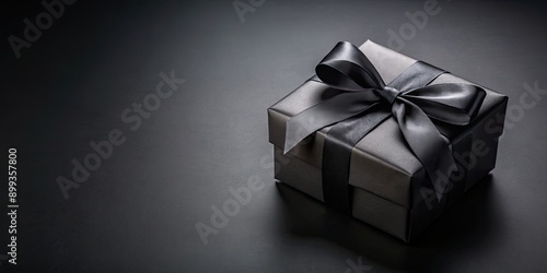 Black gift box with elegant black ribbon on dark background for Black Friday promotion, black, gift, box, ribbon, dark