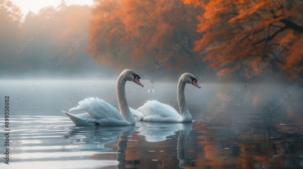 Fototapeta premium Tranquil Autumn Scene of Swans on Serene Lake with Misty Atmosphere - Nature Photography with Sony A7R III