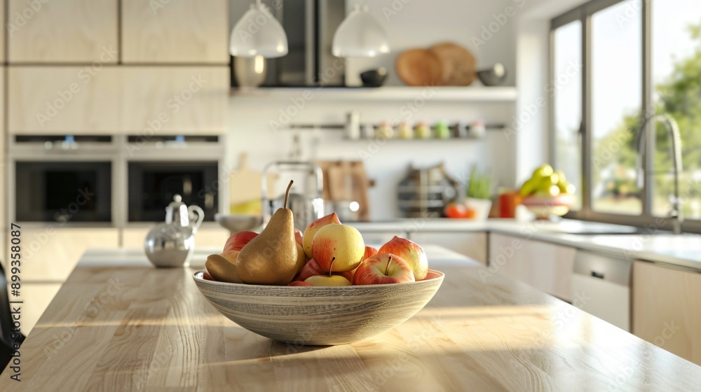A modern kitchen with a bowl of autumn fruits, like apples and pears, as the centerpiece A modern kitchen with a bowl of autumn fruits, like apples and pears, as the centerpiece