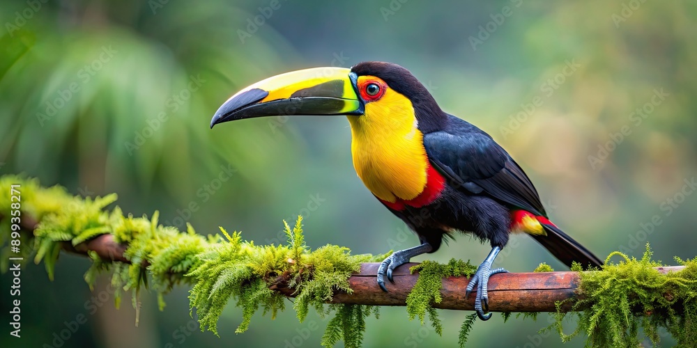 Toucan keelbill bird perched on a branch in the Costa Rican rainforest, displaying vibrant yellow and black colors Toucan keelbill bird perched on a branch in the Costa Rican rainforest, displaying vibrant yellow and black colors