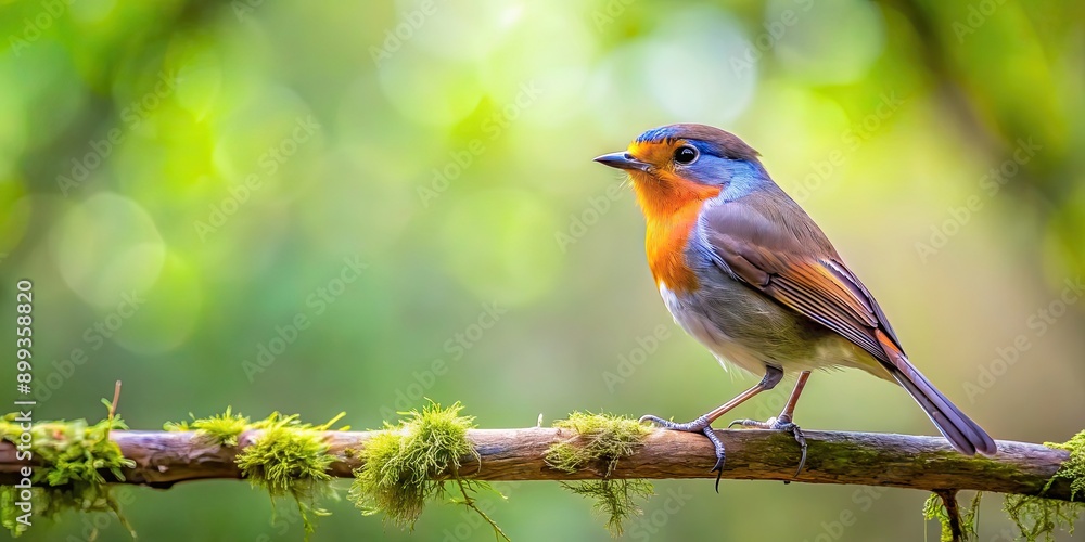 Fototapeta premium Bird perched on a thin branch in a forest setting, bird, branch, nature, wildlife, perched, feathers, wings, tree, outdoors, forest