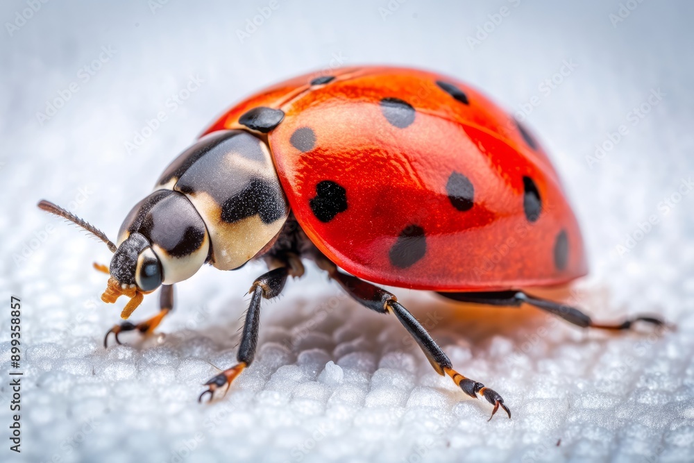 Fototapeta premium Vibrant red ladybug with black spots crawls on a pristine white background, its delicate legs and antennae visible in high-contrast, macro detail.