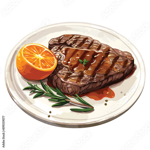 Grilled steak with orange slice and rosemary sprig on a white plate.
