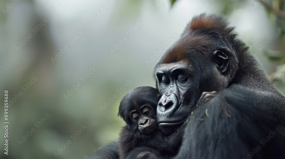 A silverback gorilla cradles its infant offspring. A silverback gorilla cradles its infant offspring.