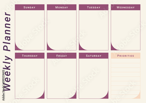Weekly planner template with space for text. Horizontal A4 page