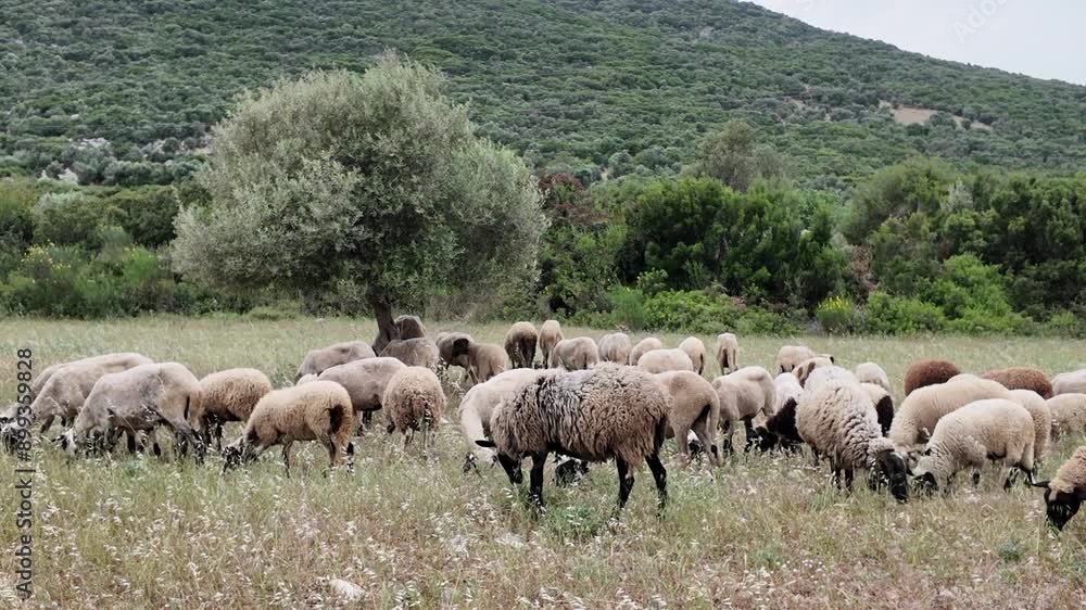 View of white sheep grazing on the green field View of white sheep grazing on the green field