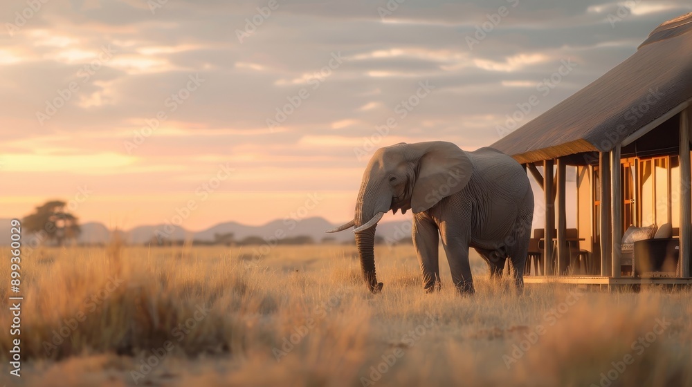 Obraz premium A majestic African elephant silhouetted against the savanna sunset.