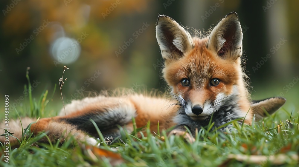 Fototapeta premium a red fox lying in a field of grass