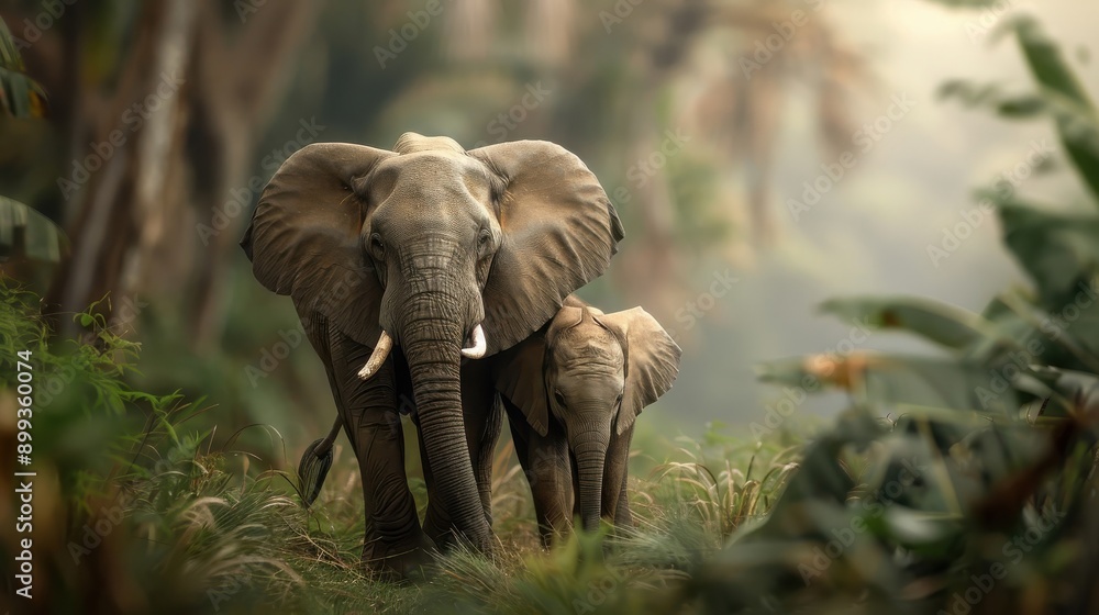 Fototapeta premium A mother elephant guiding her calf through a dense forest.