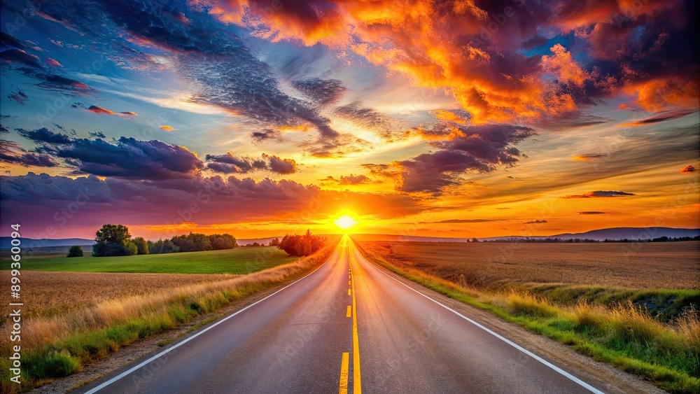 Naklejka premium Vibrant sunset illuminating a long winding road leading into the horizon , sunset, road, horizon, nature, sky, landscape, travel