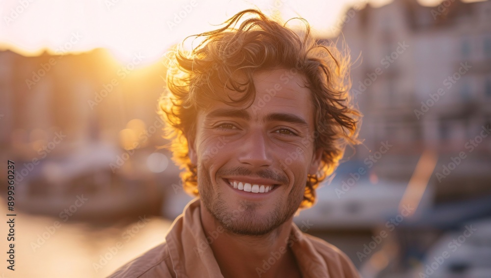 © Vladan - Cheerful young man with curly hair smiles warmly as the sun sets behind him at a marina, capturing a carefree summer vibe by the water.